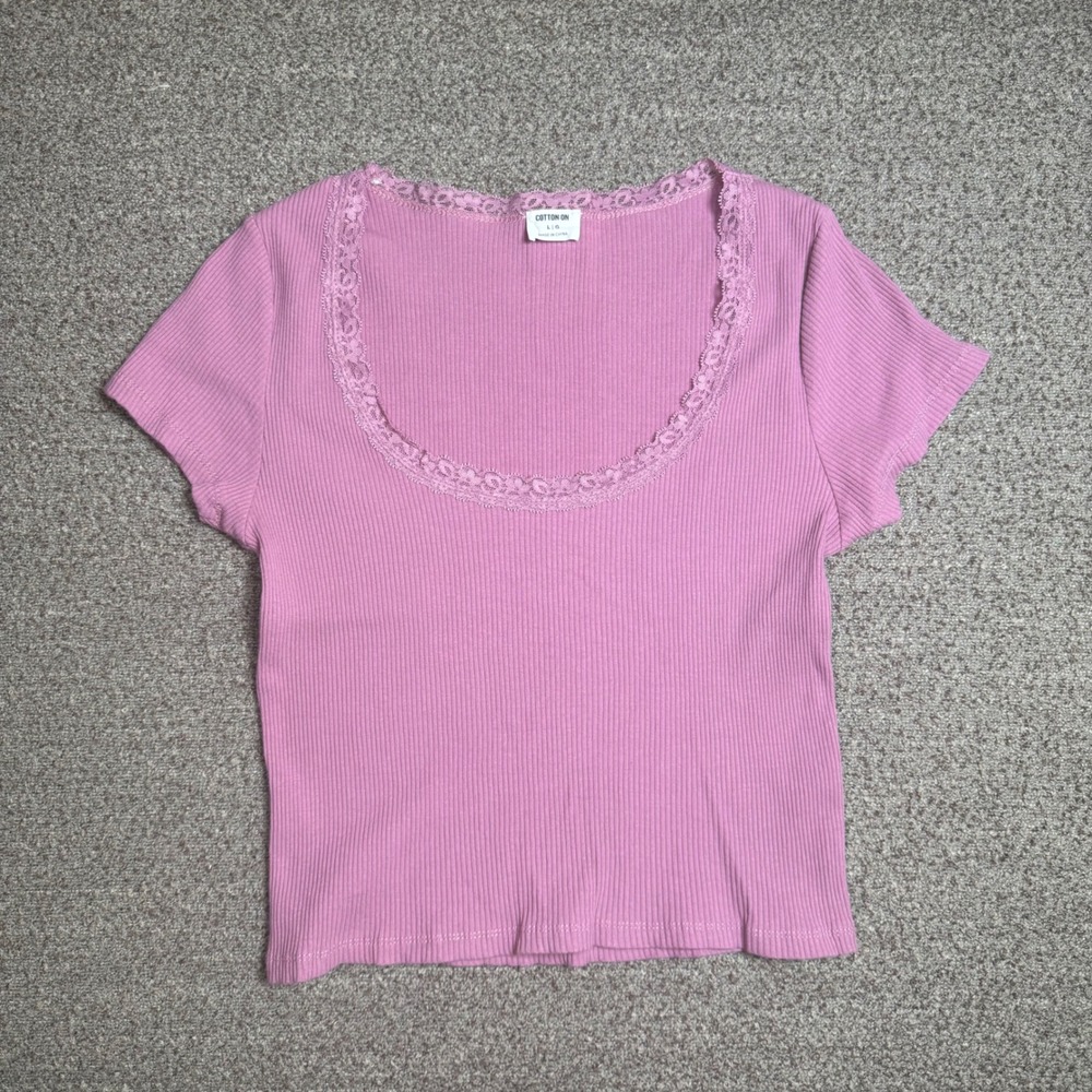 Cotton On Pink Ribbed Lace Trim Scoop Neck Baby Tee Short Sleeve Top Large - Picture 2 of 8
